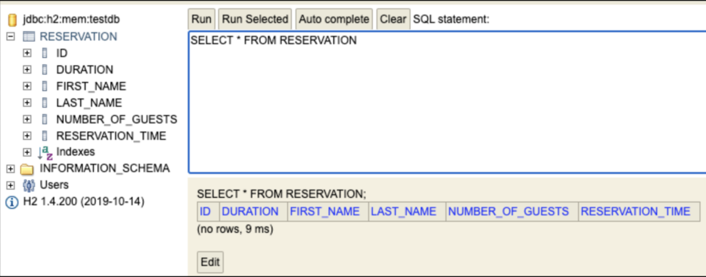 H2 Database displaying Reservation table